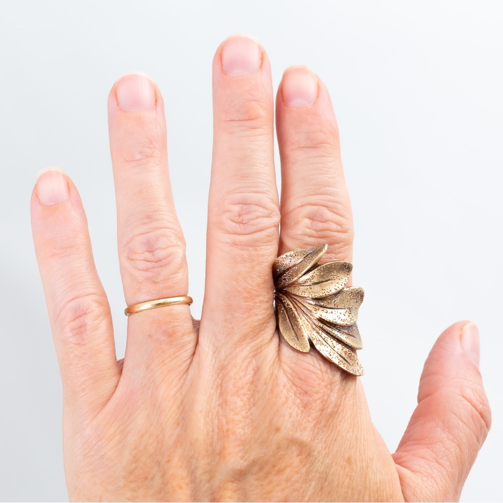18K yellow gold over sterling silver textured leaf wrap ring 10